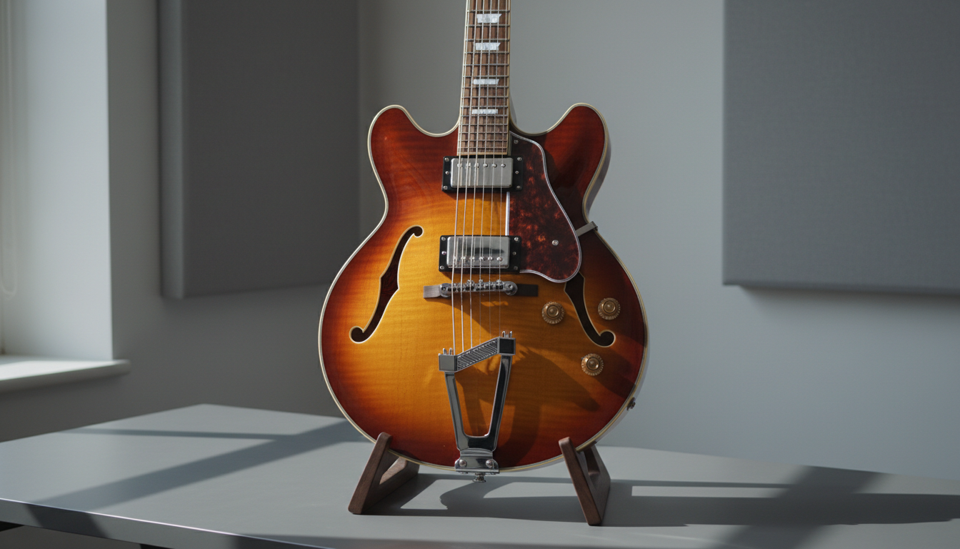 A gleaming, meticulously-crafted jazz guitar with a lustrous sunburst finish and polished chrome hardware, its contours revealing exquisite maple wood grain. The guitar is propped on a sleek, dark walnut stand atop an uncluttered matte-gray desk in a modern instructional studio. Soft, diffused overcast light filters in from a nearby window, causing gentle highlights on the guitar's curves while casting subtle, structured shadows along the desk surface. The mood is calm and highly professional, emphasizing clarity and focus. Captured from an eye-level perspective with centered composition and sharp, photographic realism, the image exudes a clean, corporate aesthetic ideal for a top-tier jazz guitar education site.