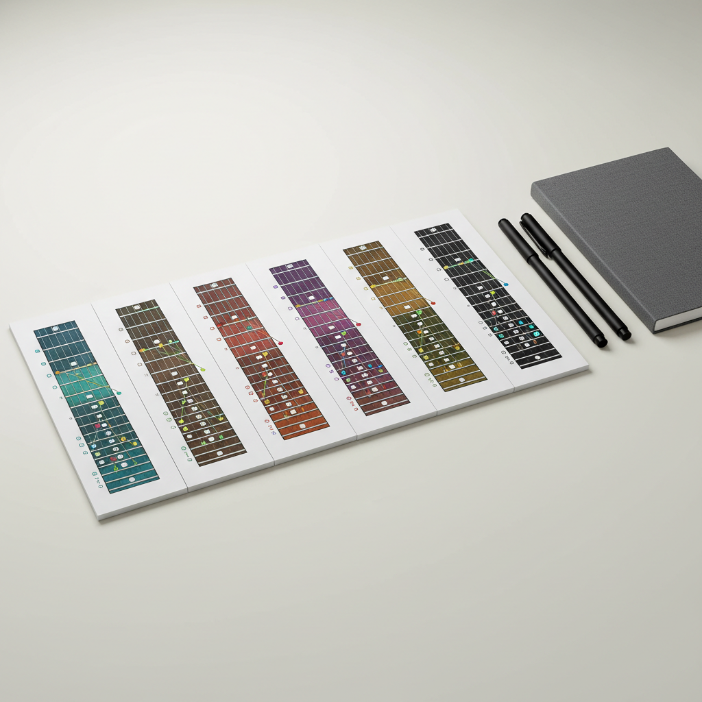 An orderly arrangement of five multicolored jazz guitar fingerboard diagrams printed on high-quality card stock with sharp, clean edges. These are meticulously laid out on a smooth, neutral-toned desktop beside a closed, graphite-gray spiral notebook and a set of matte black ballpoint pens. Cool, balanced studio lighting washes evenly across the scene, highlighting the precision of the diagrams without creating harsh shadows. The setting feels structured and academic, tailored for in-depth study. The photograph is shot from a slightly elevated angle with a strong sense of organization and minimalism, embodying a professional, educational tone with photographic clarity.